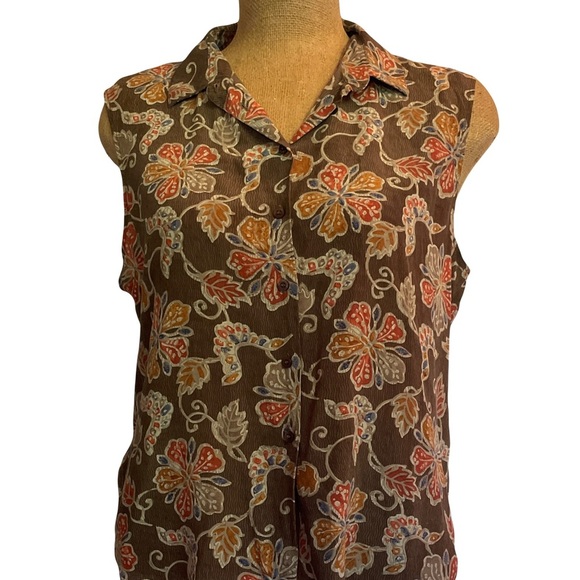 Rena Rowan Petite 100% silk Floral Brown Sleeveless tank Top with collar size 14 - Picture 1 of 5